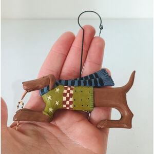 Vintage Williraye Studio Set Folk Art Dog W/ Candy Cane Christmas Ornament